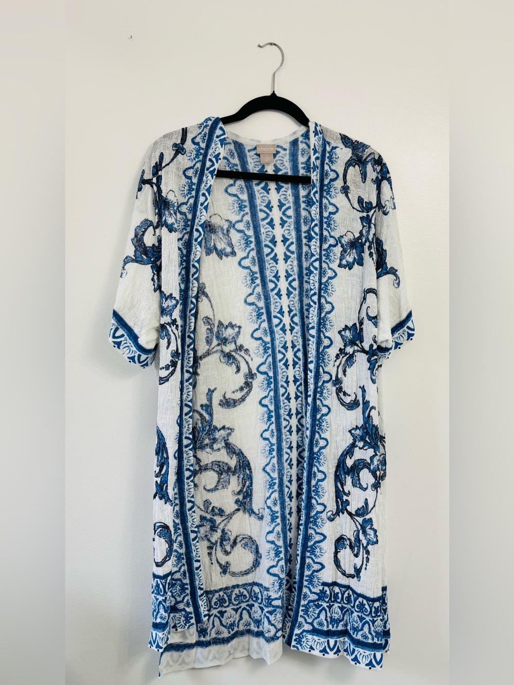 Chico's Blue & White Floral Scroll Gauze Open-Front Tunic Kimono, Size L